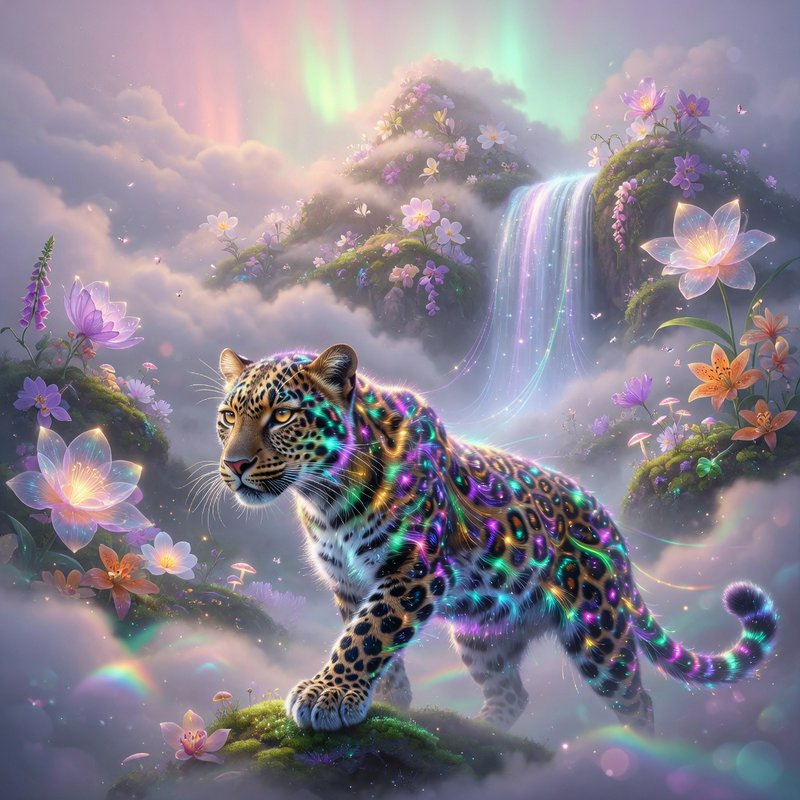 Glowing iridescent fantasy leopard stands on a mossy floating islet in a magical aurora-lit flora...