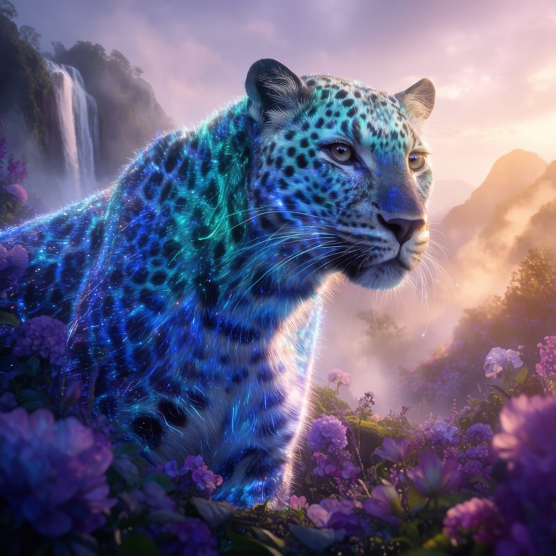 Glowing magical blue leopard standing in a misty flower field beside a waterfall at pastel sunset
