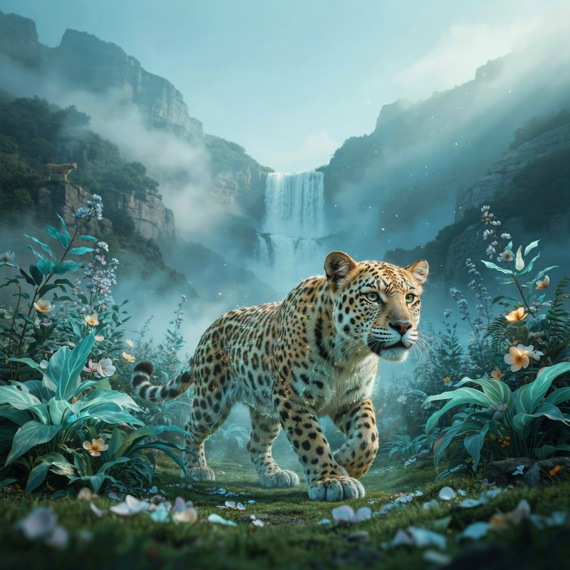 Ethereal spotted leopard walking through a misty mountain valley with cascading waterfall and flo...