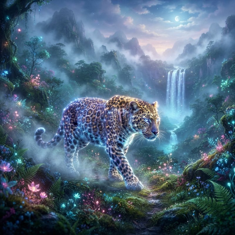Glowing ethereal spirit leopard walking along a path in a moonlit bioluminescent fantasy jungle