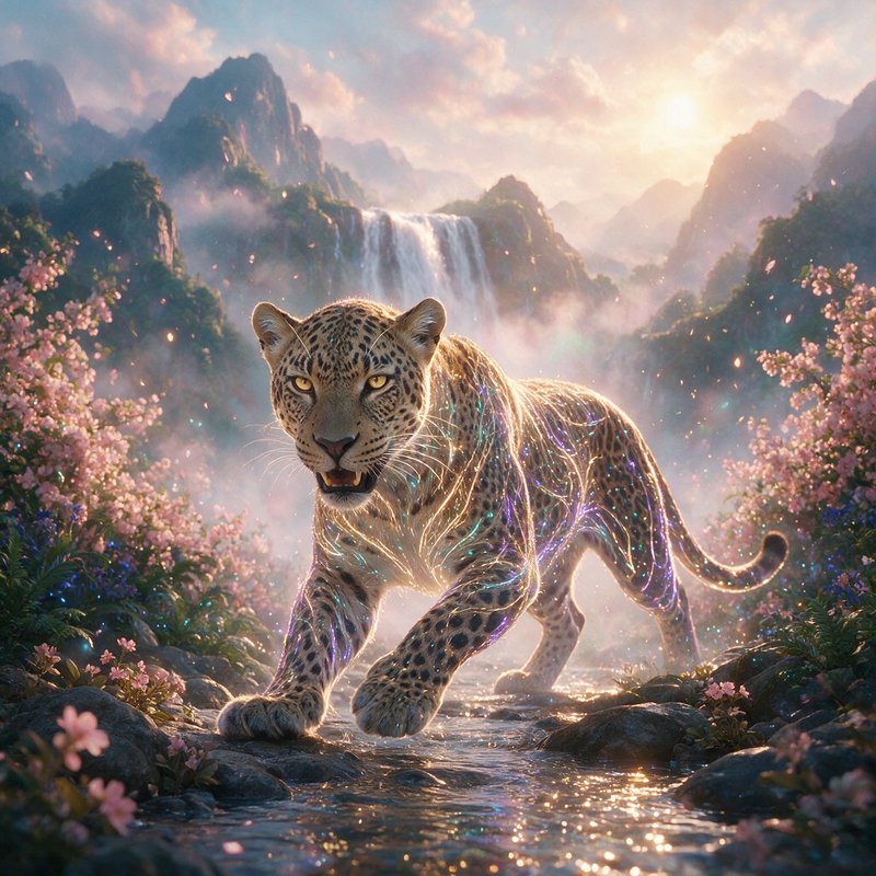 Glowing iridescent leopard walks through a shallow stream in a misty mountain valley at sunrise