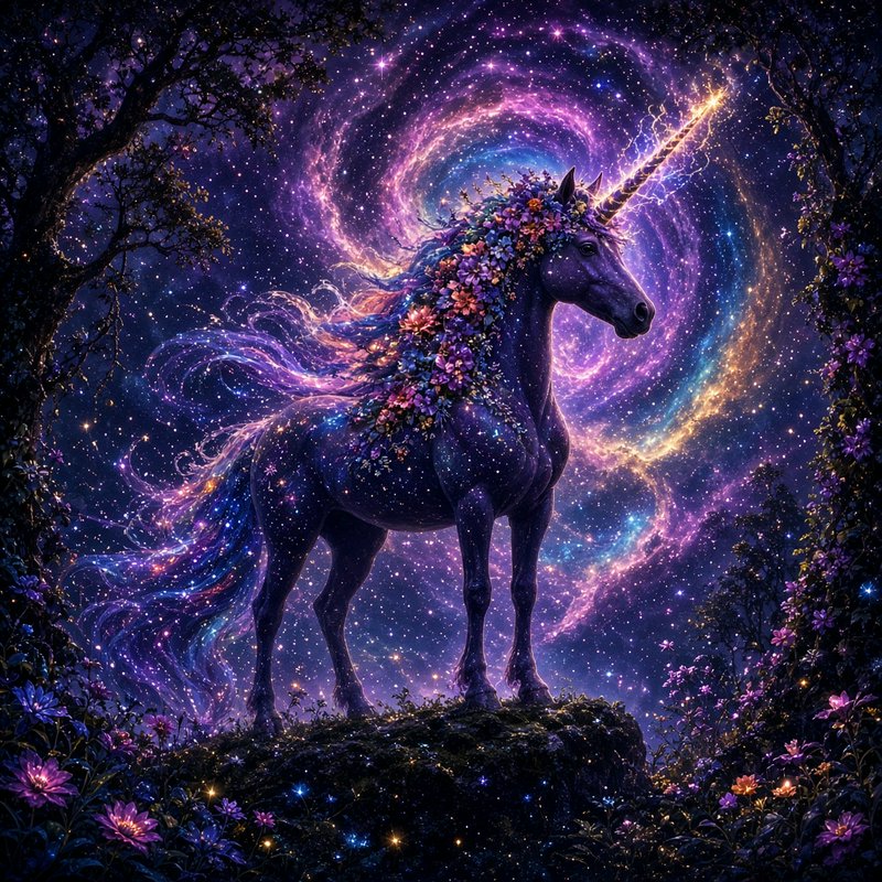 Majestic purple floral unicorn stands beneath a swirling glowing cosmic nebula in an enchanted ni...