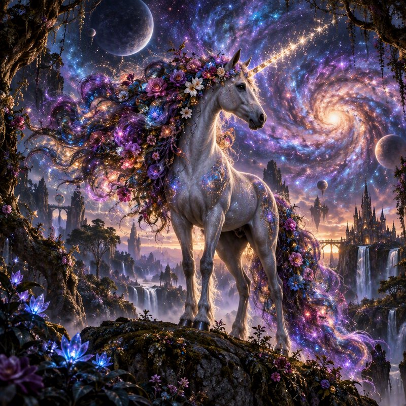 Ethereal floral unicorn stands on a cliff beneath a swirling starry cosmic sky in a fantasy realm