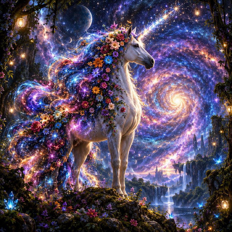 Flower-crowned unicorn with glowing stardust mane stands in an enchanted cosmic fantasy landscape