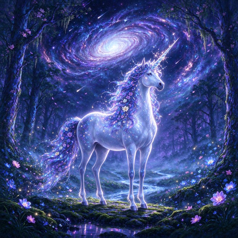 Glowing celestial unicorn stands in an enchanted forest beneath a swirling purple spiral galaxy