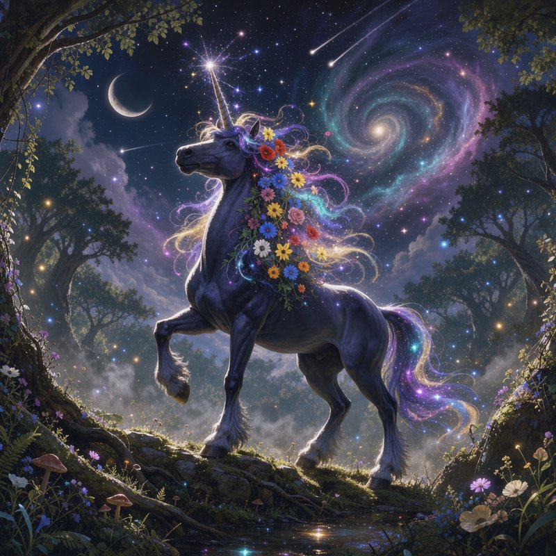 Dark unicorn with flower-adorned glowing mane stands in an enchanted forest under a swirling cosm...
