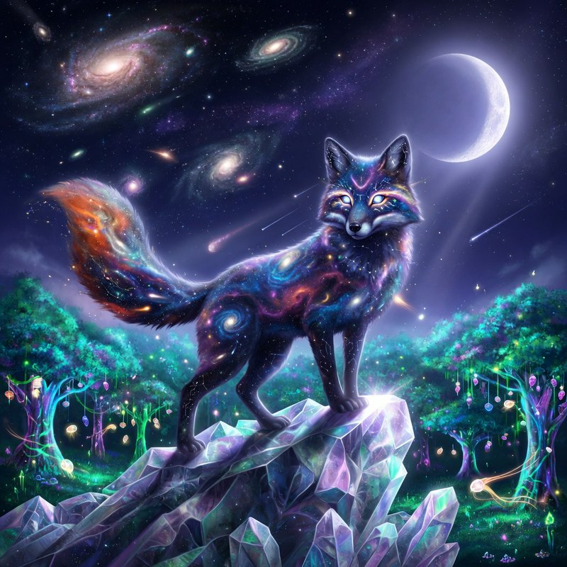 Cosmic galaxy fox standing on a crystal outcrop under a starry sky above an enchanted glowing forest