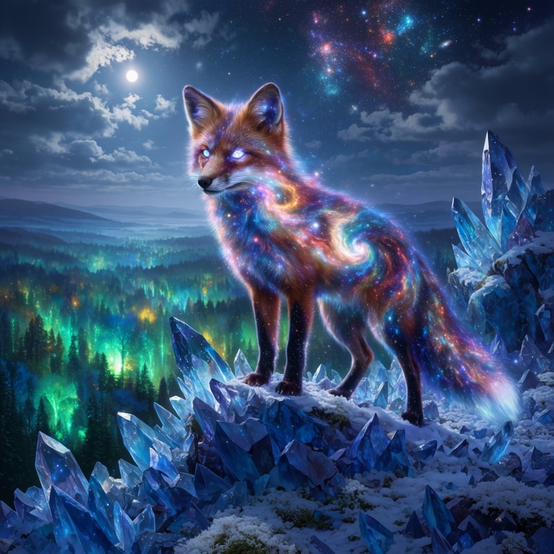 Glowing cosmic galaxy fox stands on snow-dusted blue crystal rocks under a moonlit starry night sky