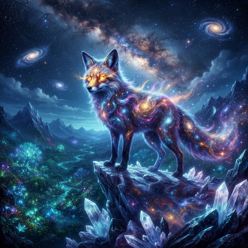Cosmic nebula fox with glowing eyes stands on a crystal cliff beneath a starry galaxy sky