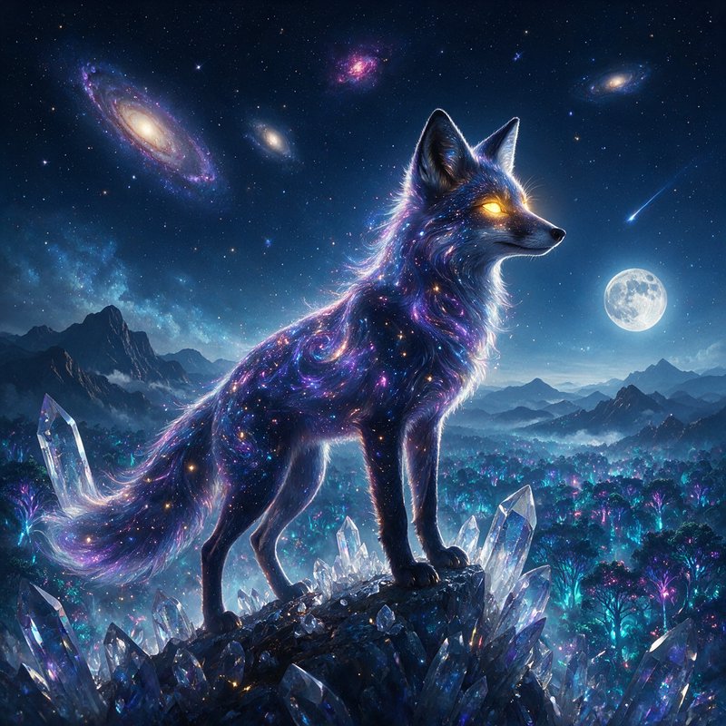 Cosmic fox with swirling nebula fur and glowing golden eyes stands on a crystal peak under a star...