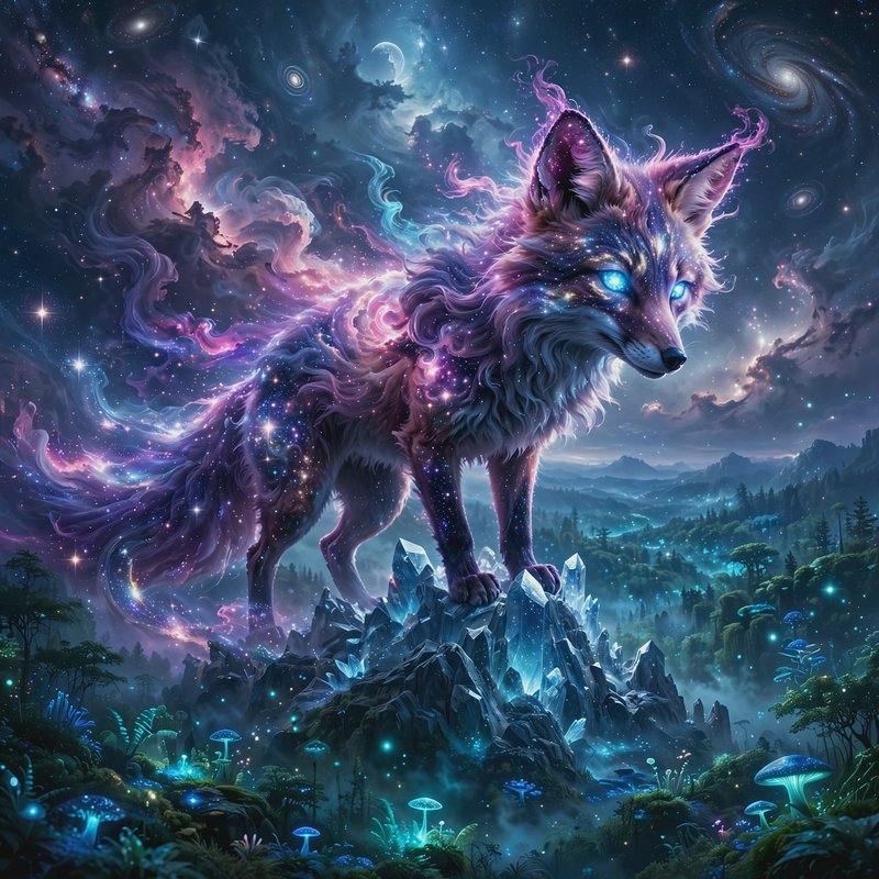 Glowing cosmic fox stands on a crystal peak beneath a swirling starry nebula night sky
