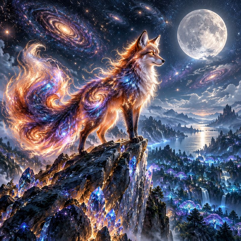 Cosmic fox with swirling galaxy fur stands on a crystal cliff under a full moon and starry sky