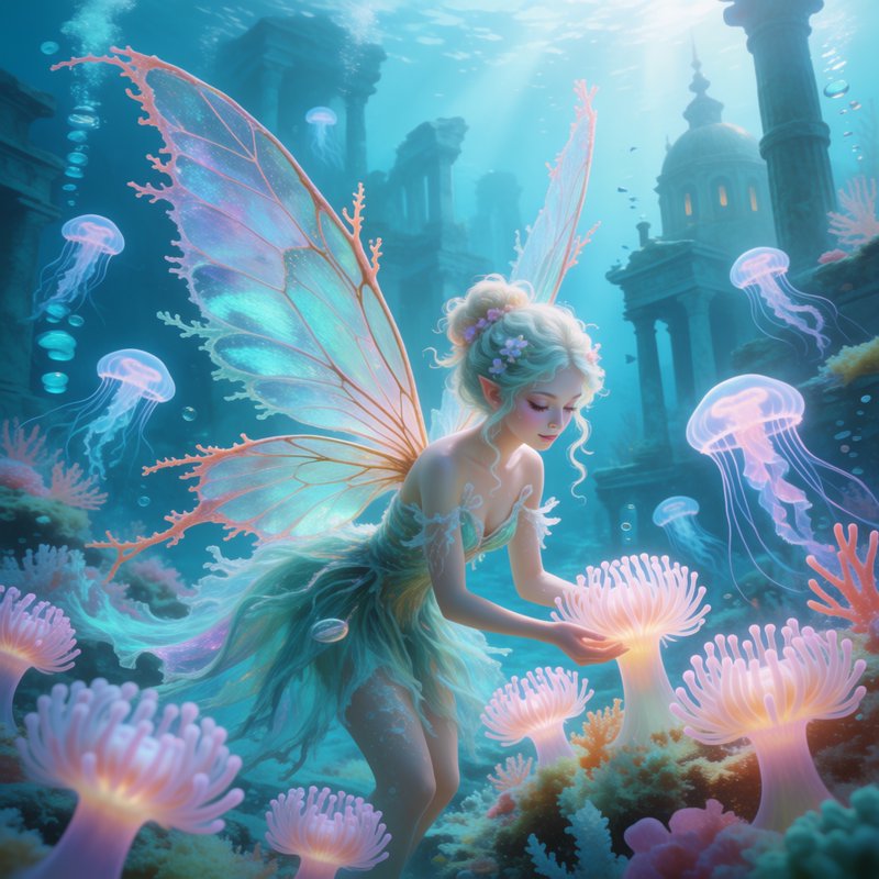 Winged underwater fairy tends glowing anemones beside sunken ruins as jellyfish drift through tur...