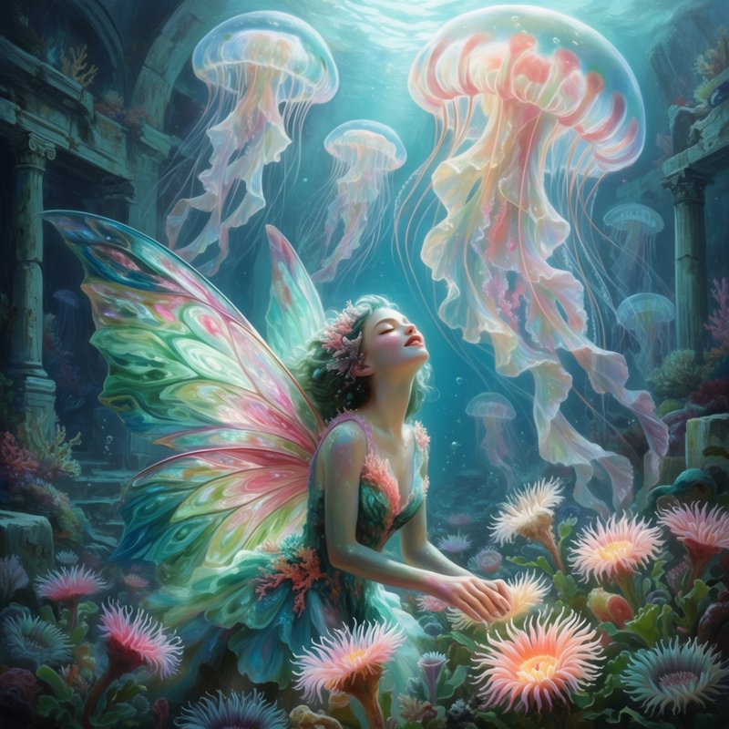 Ethereal winged underwater fairy kneels among sea anemones beneath glowing translucent jellyfish ...