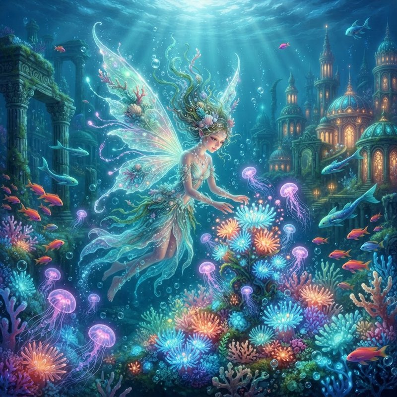 Ethereal winged sea fairy floats among glowing jellyfish, coral, and sunken fantasy underwater ci...