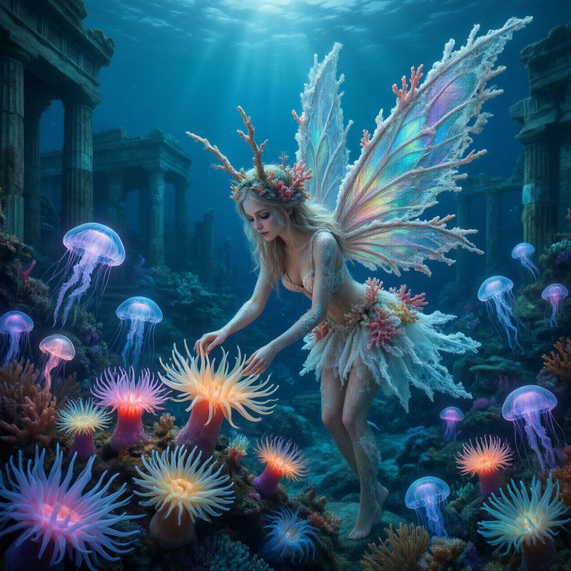 Ethereal coral fairy with iridescent wings tends glowing sea anemones among sunken underwater rui...