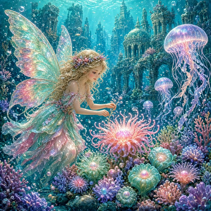 Iridescent underwater fairy tends glowing sea blooms next to floating jellyfish and an ornate sun...