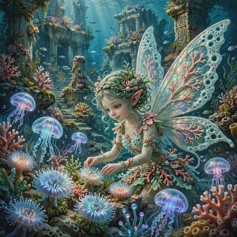 Underwater sea fairy with iridescent coral-patterned wings tends sea anemones amid glowing jellyf...