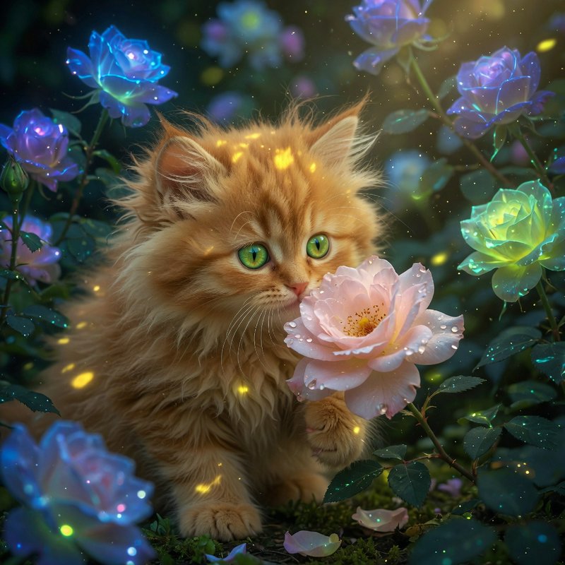 Fluffy long-haired ginger kitten sits beside a dewy pink rose surrounded by glowing magical blooms