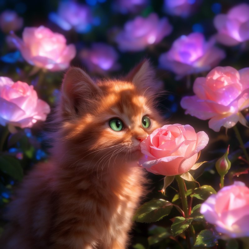 Fluffy ginger tabby kitten with bright green eyes sniffing a glowing pink rose in an enchanted ga...