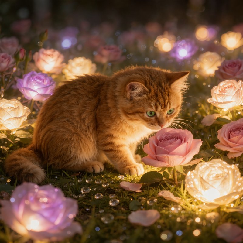 Fluffy ginger tabby kitten leans in to sniff a pink rose in an enchanted glowing rose garden