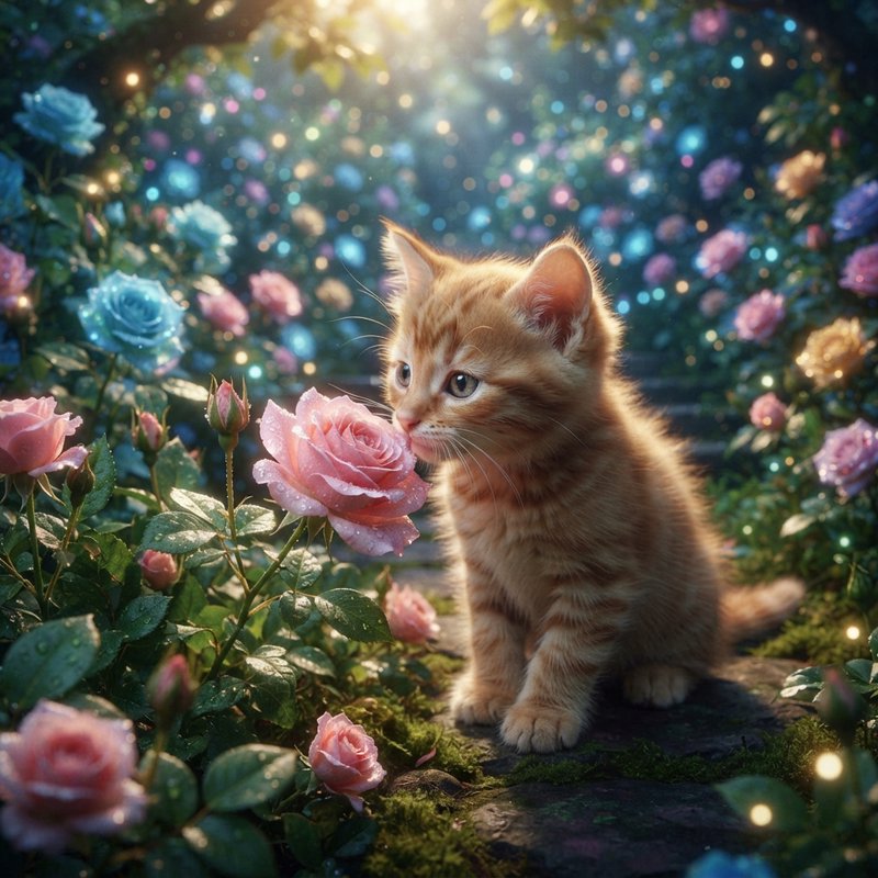 Fluffy ginger tabby kitten sniffing a dewy pink rose in a glowing enchanted rose garden