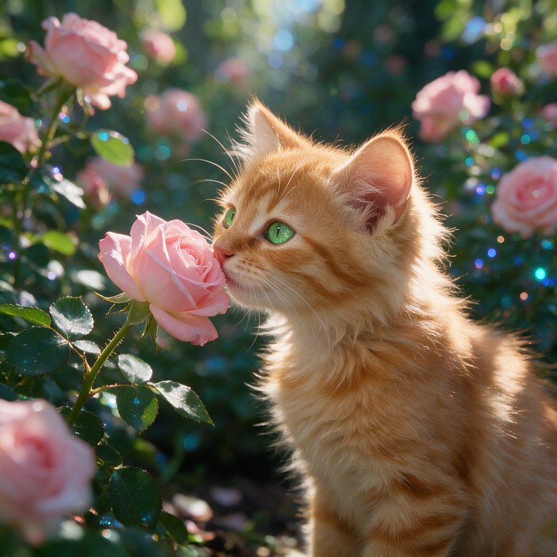Fluffy orange tabby kitten with bright green eyes gently sniffing a pale pink rose in a sunlit ro...