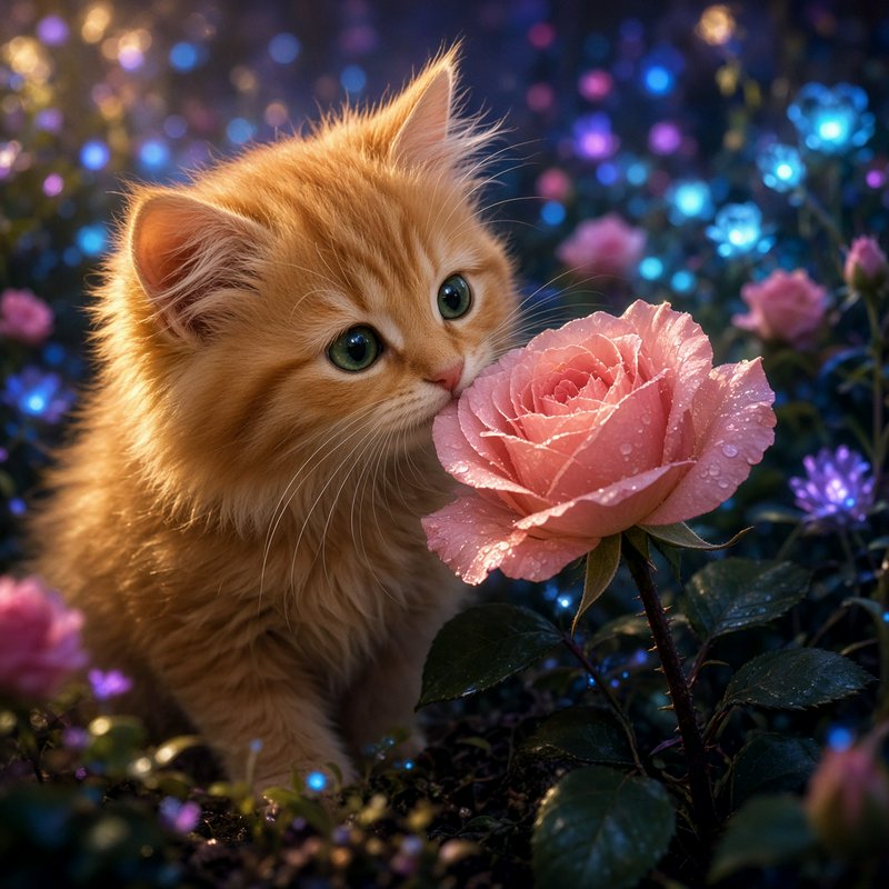Fluffy ginger kitten gently sniffing a dewy pink rose in a glowing magical twilight garden