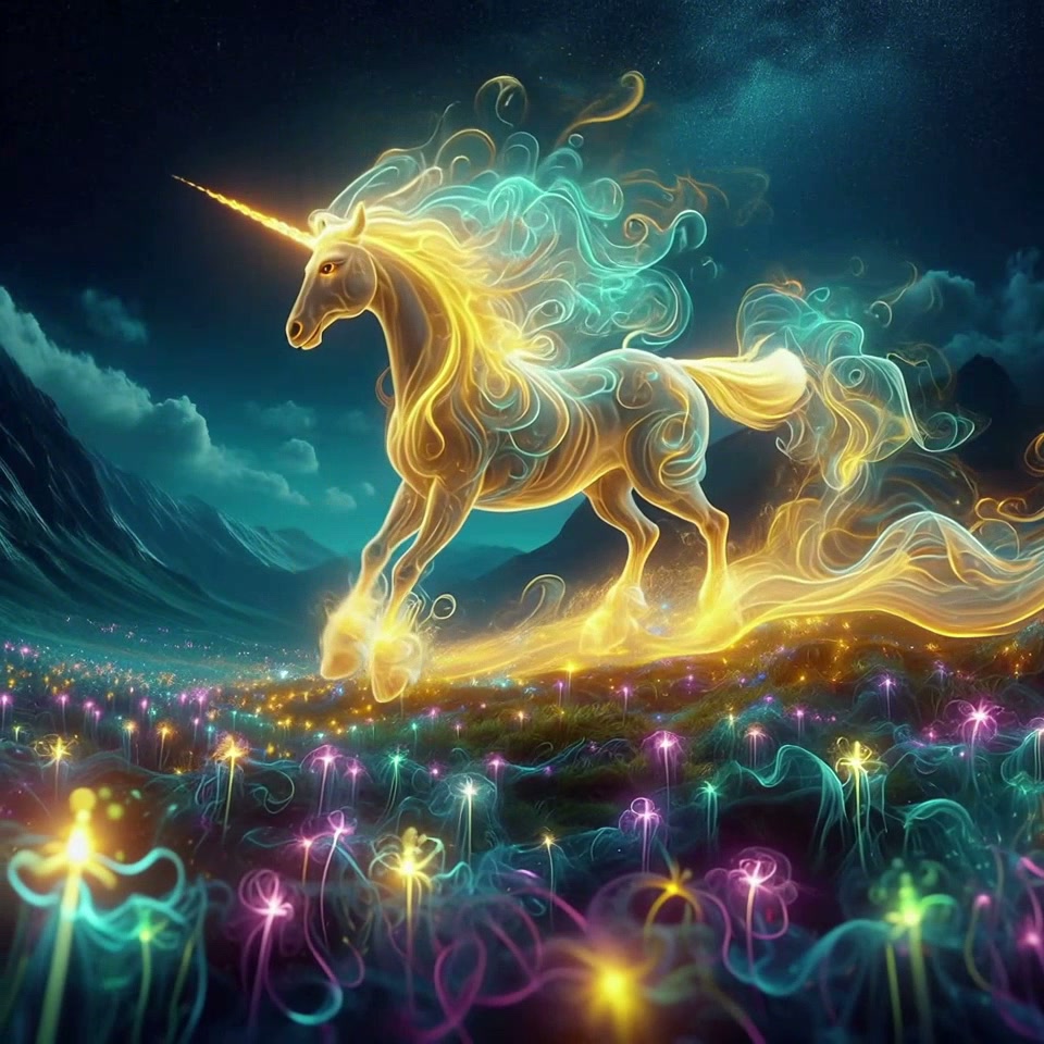 Ethereal glowing unicorn with golden horn floats above a field of bioluminescent magical flowers ...