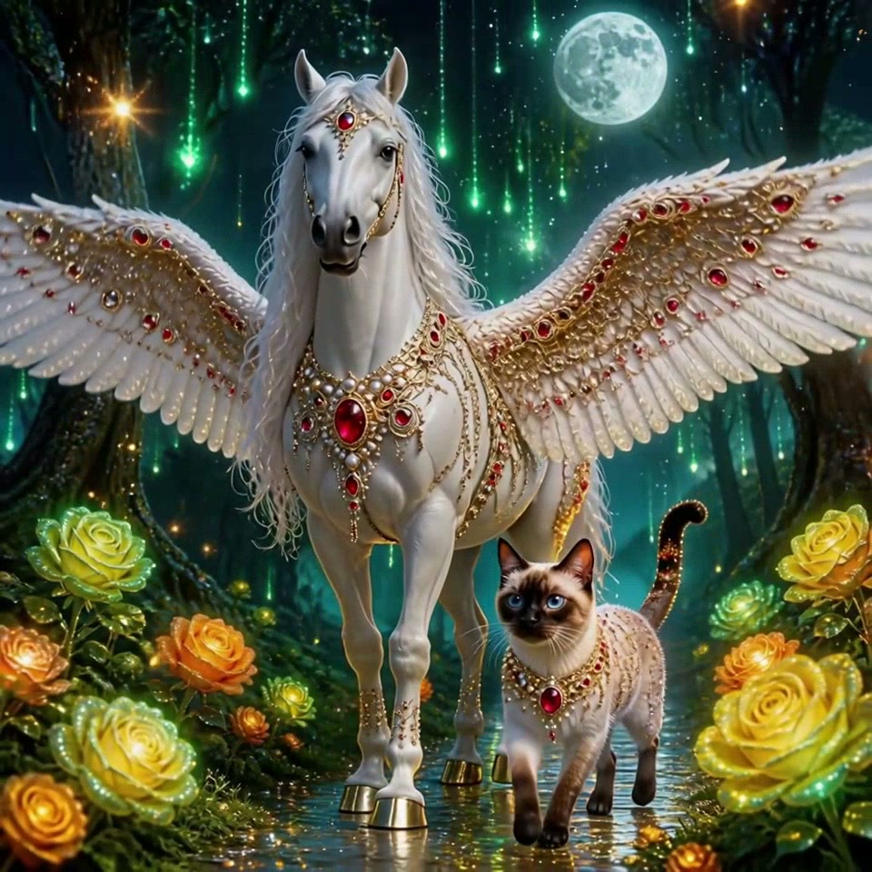 Ornate jeweled white pegasus and gem-adorned Siamese cat stand on a shimmering path in a glowing ...