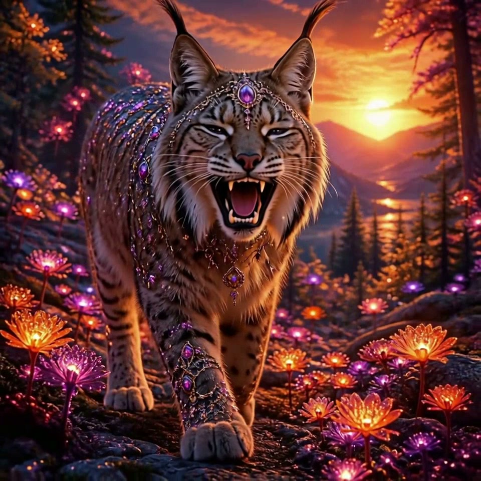 Ornate jeweled fantasy lynx yowls standing in a field of glowing magical flowers at vibrant mount...