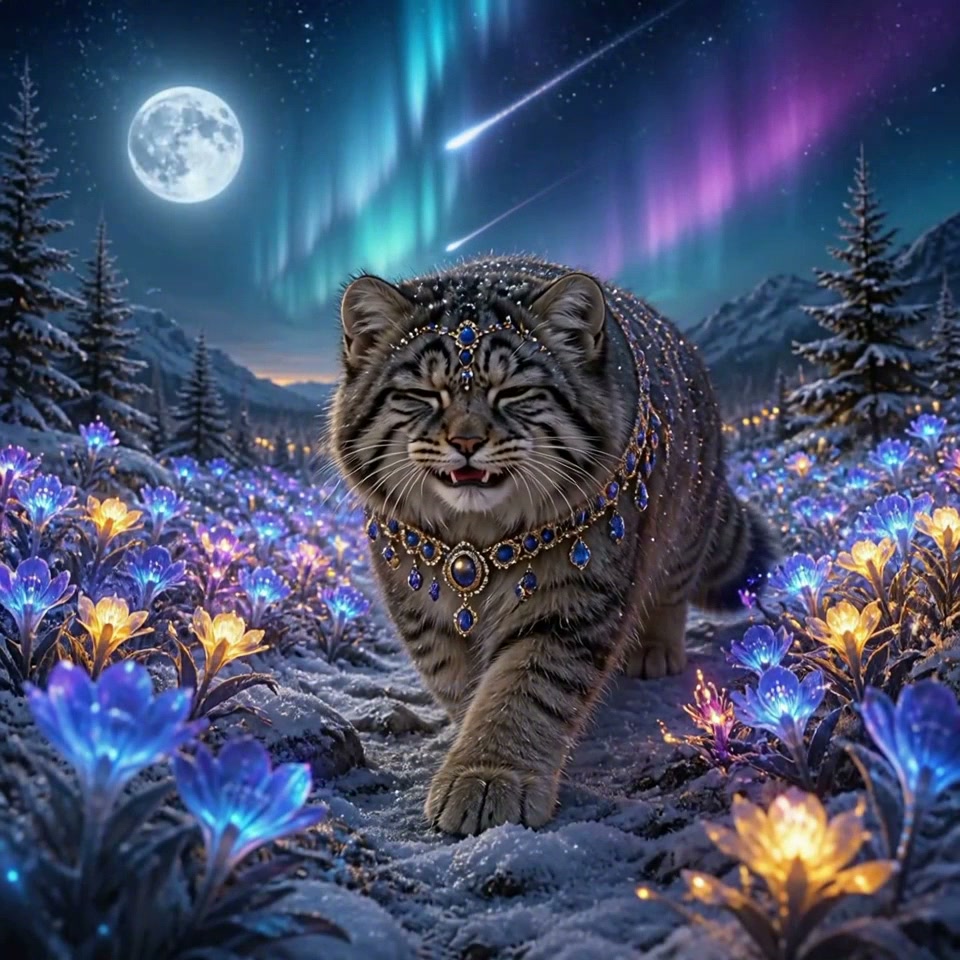 Bejeweled wild cat walks through glowing magical flowers under aurora borealis and full moon in a...