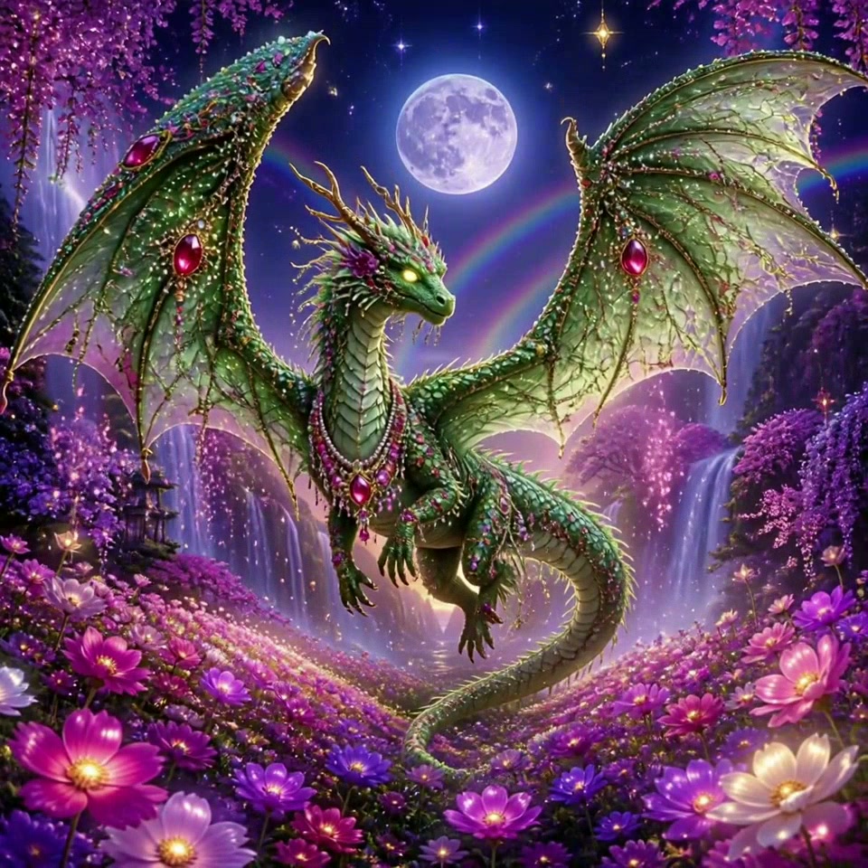 Ornate jeweled green fantasy dragon hovers over glowing purple flower field beneath a full moon s...