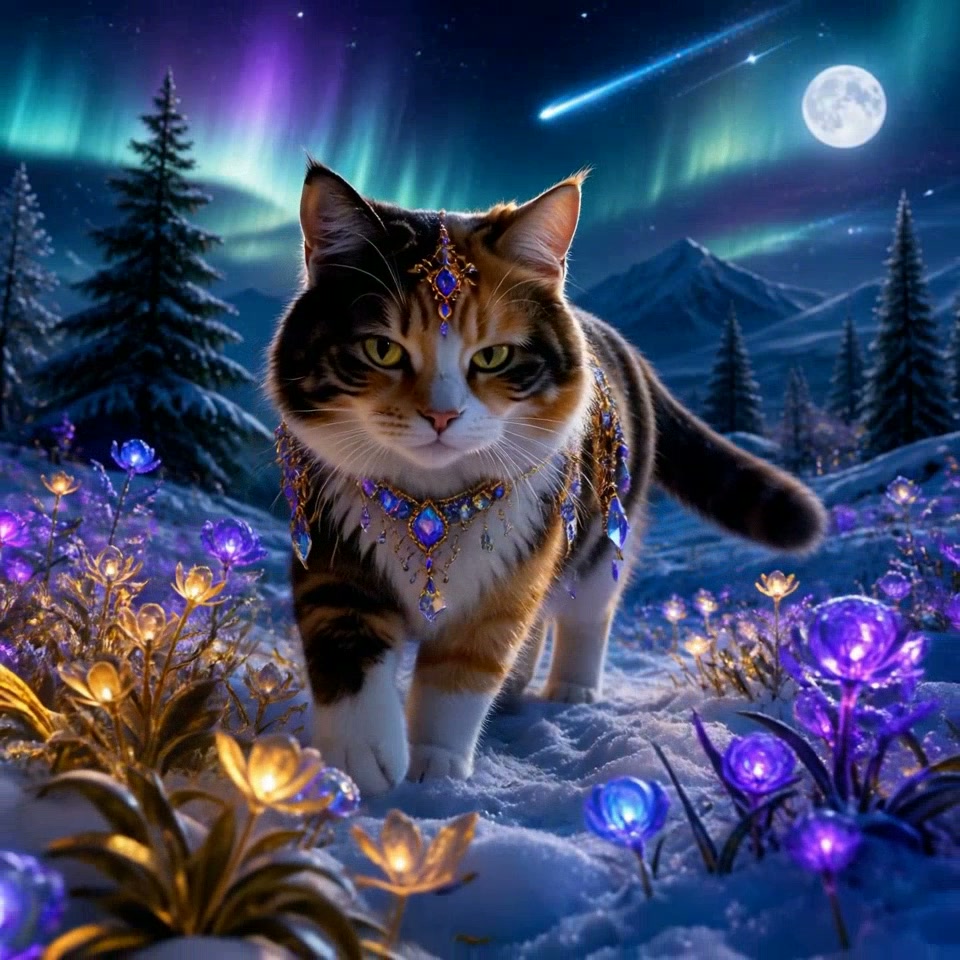Regal jeweled calico cat stands in a glowing snowy winter field under aurora borealis and full mo...