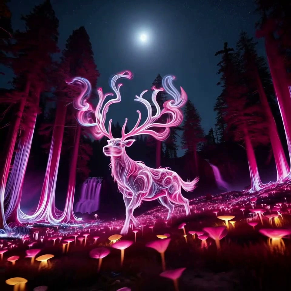 Ethereal glowing neon stag stands in a bioluminescent mushroom forest under a bright full moon ni...