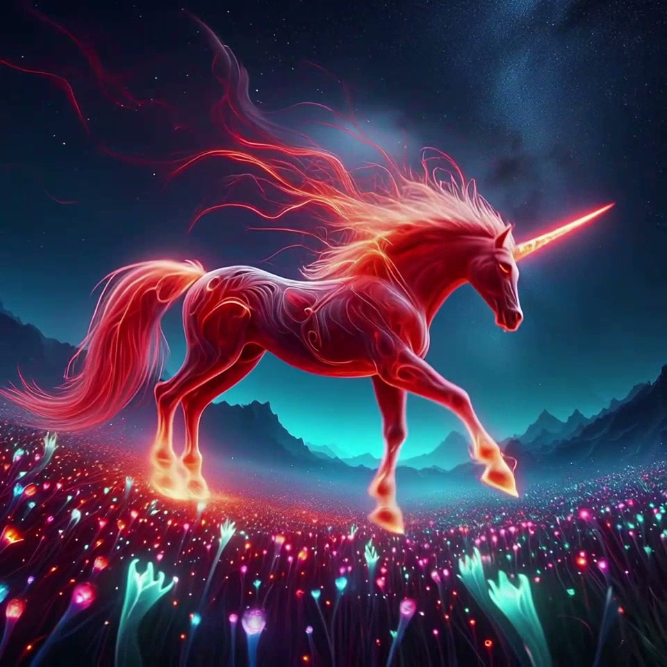 Glowing fiery red unicorn with luminous golden horn walks through bioluminescent flower field und...