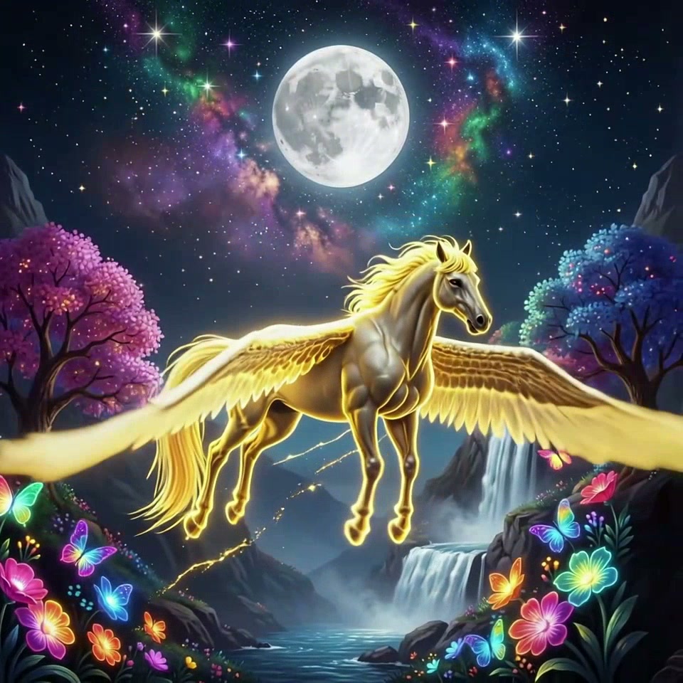 Glowing golden-winged pegasus hovers over an enchanted moonlit valley under a starry nebula sky, ...