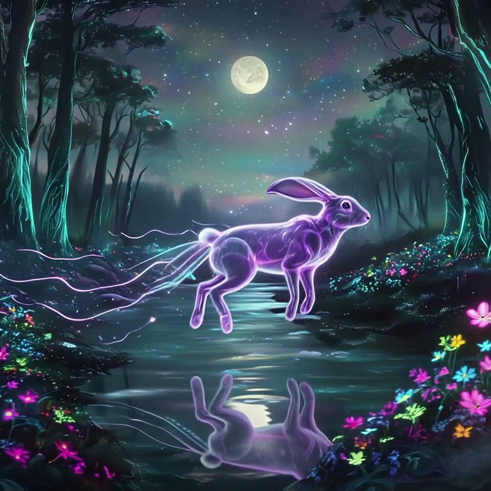 Glowing translucent purple spirit hare floating above a moonlit enchanted forest stream under a s...