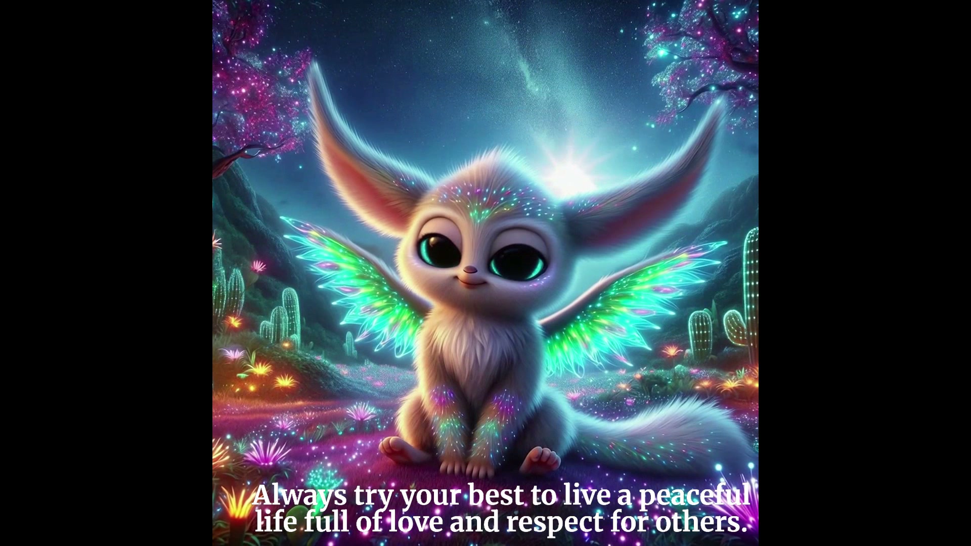 Cute glowing winged fluffy fantasy creature sits in an enchanted bioluminescent night landscape w...