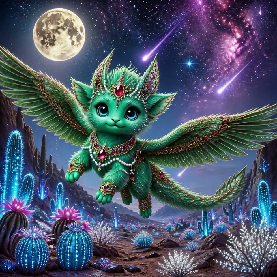 Cute jeweled green winged fantasy creature floats above a glowing alien desert under a full moon ...