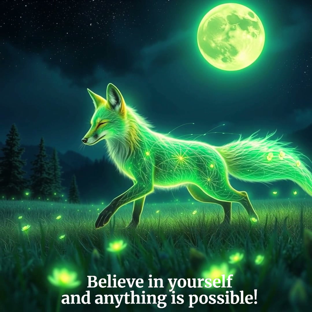 Glowing ethereal green spirit fox walks in a moonlit meadow, with motivational text reading "Beli...