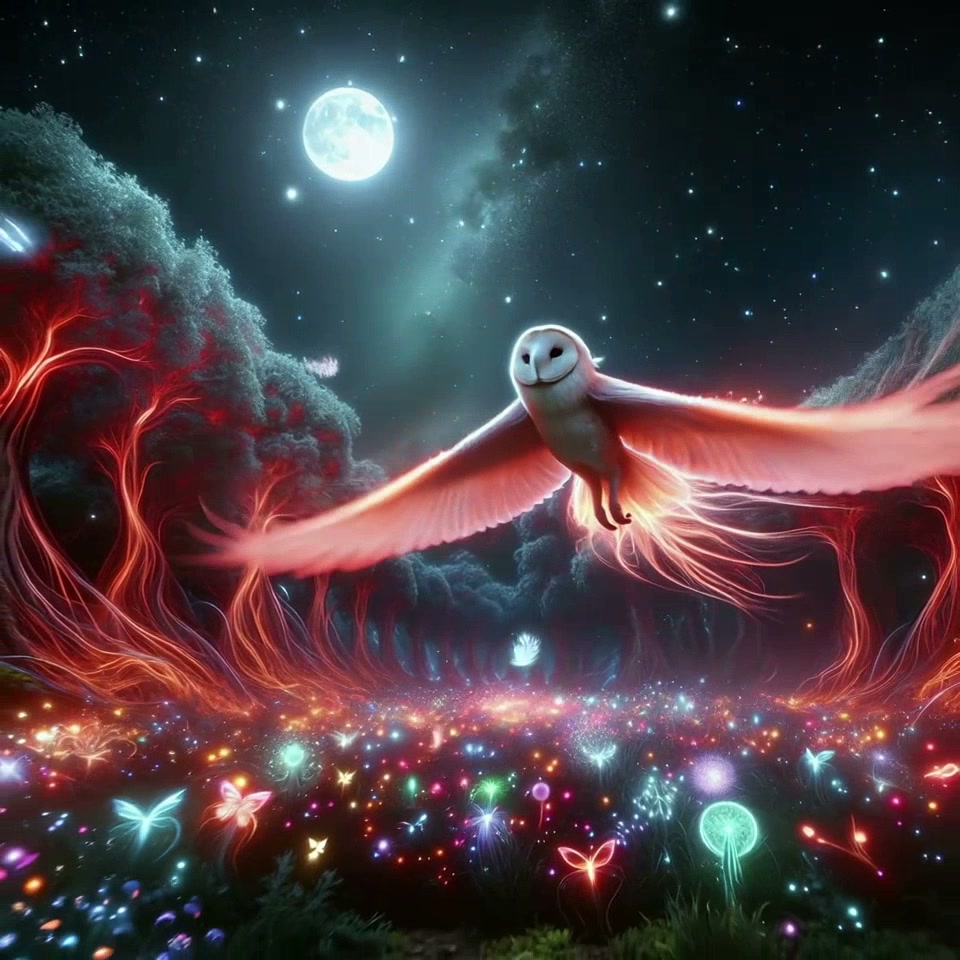 Glowing white barn owl flies over a bioluminescent enchanted forest under a full moon starry nigh...