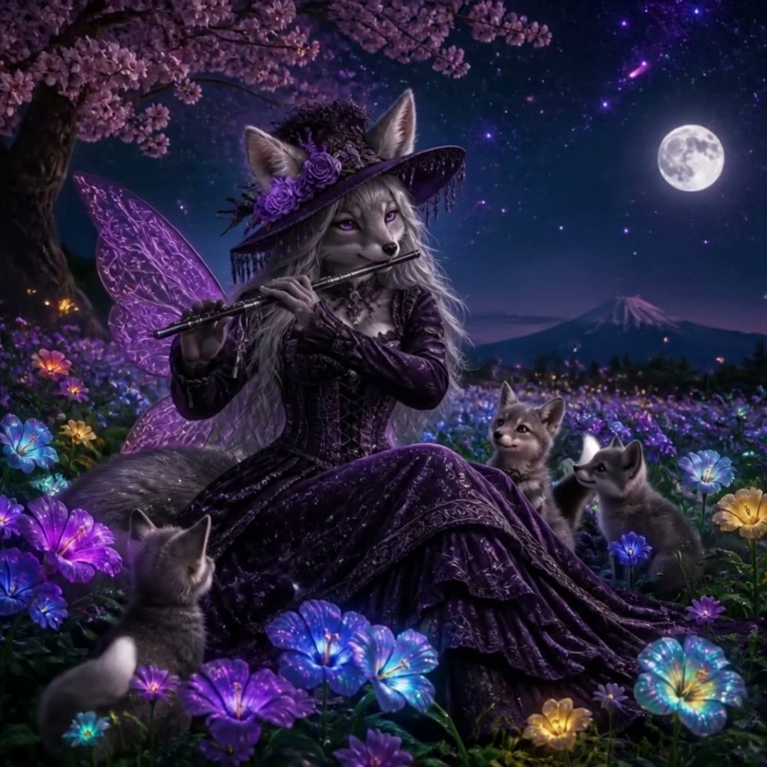 Anthropomorphic winged wolf fae plays flute for wolf pups in glowing flower meadow under full moo...