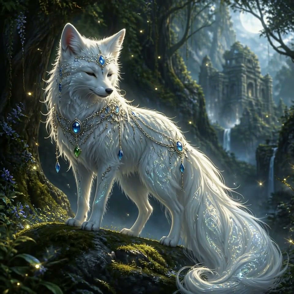 Regal jeweled magical white fox stands on mossy rock in a moonlit enchanted forest with ancient o...