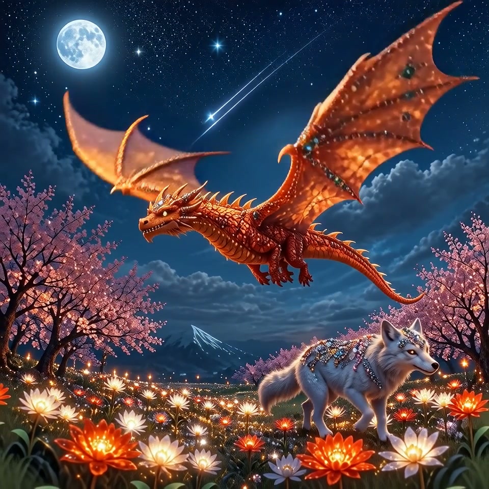 Orange mythical dragon flies over a jeweled white wolf in a glowing flower meadow under a full mo...
