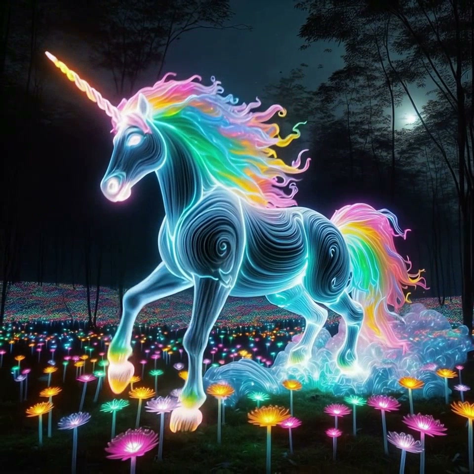 Glowing translucent rainbow-maned unicorn prances through a moonlit enchanted forest surrounded b...