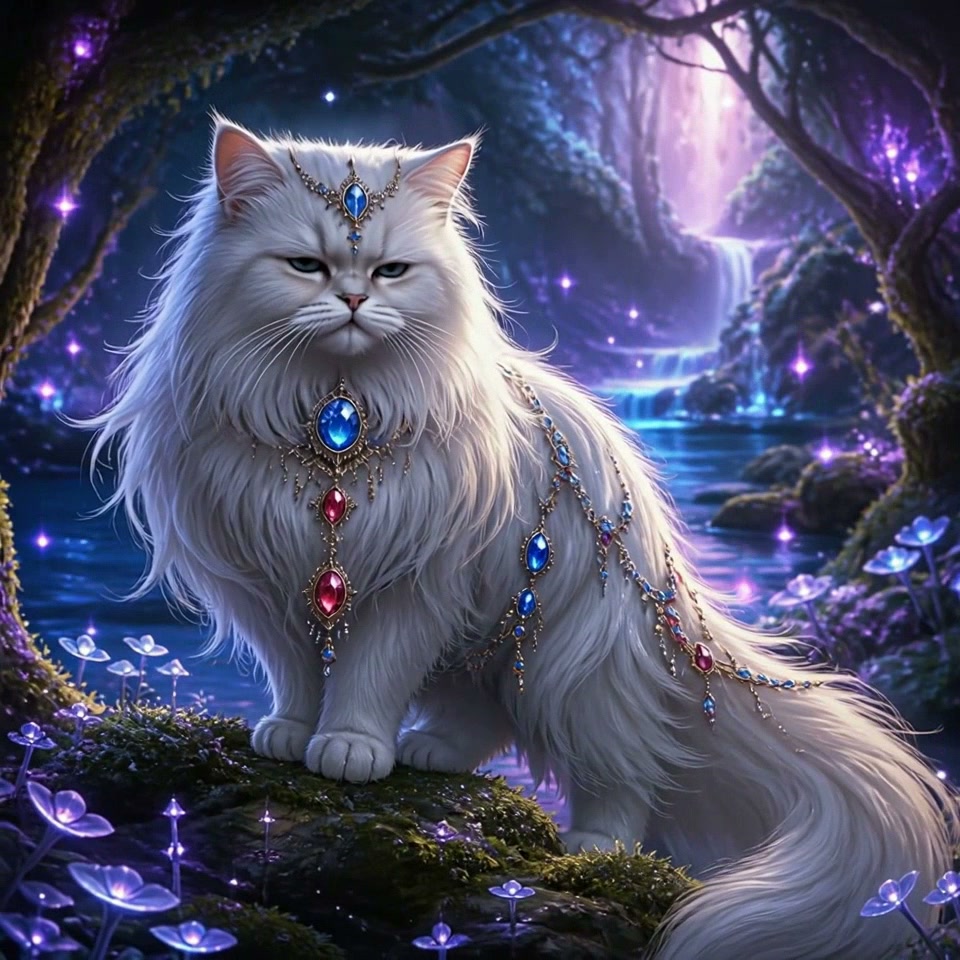 Majestic jeweled long-haired white fantasy cat perched on moss, in a glowing enchanted forest wit...