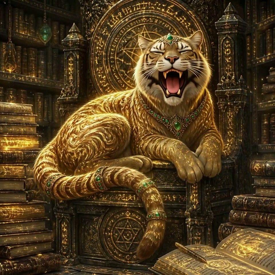 Enchanted golden tiger yawning while resting on an ornate rune-carved magical throne in a glowing...