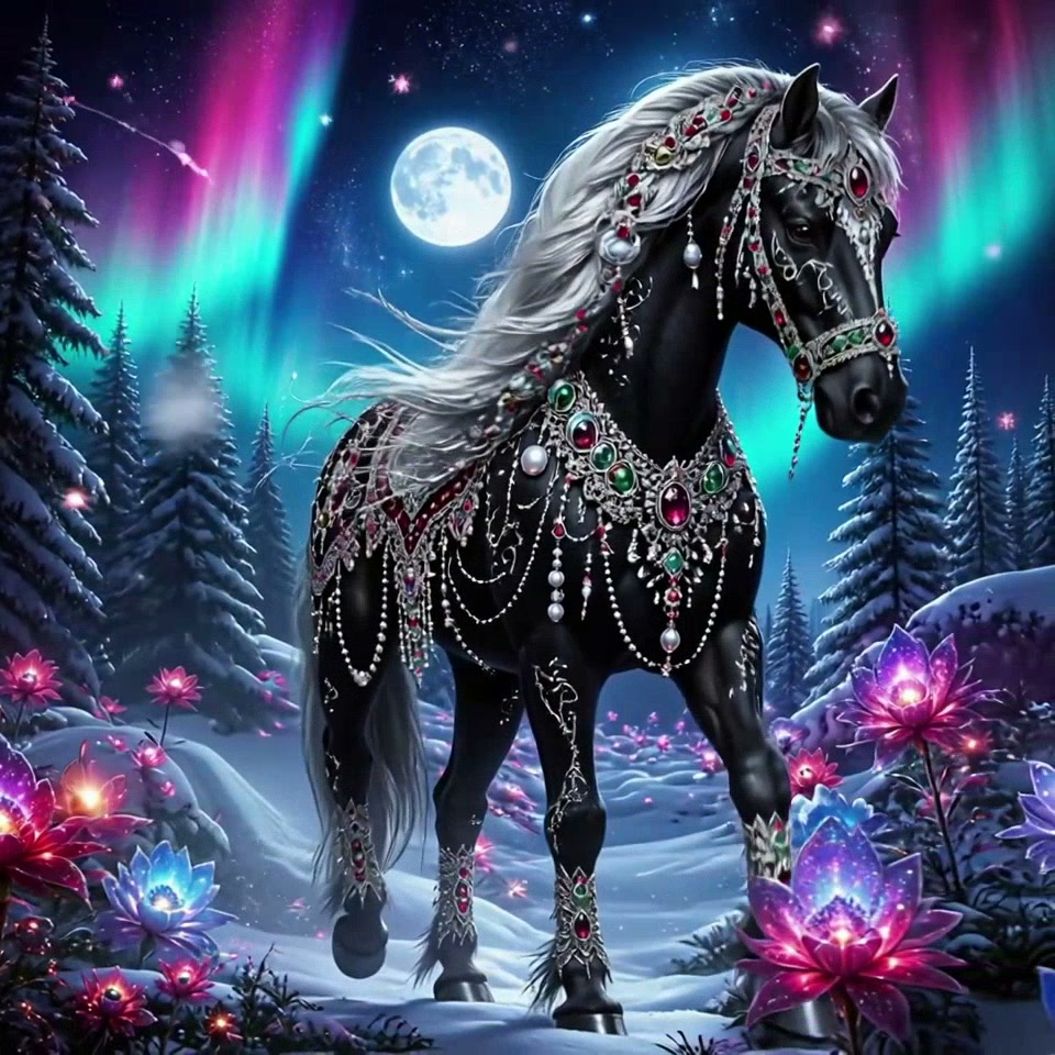 Ornate jeweled black fantasy stallion with silver mane stands in aurora-lit snowy winter forest u...
