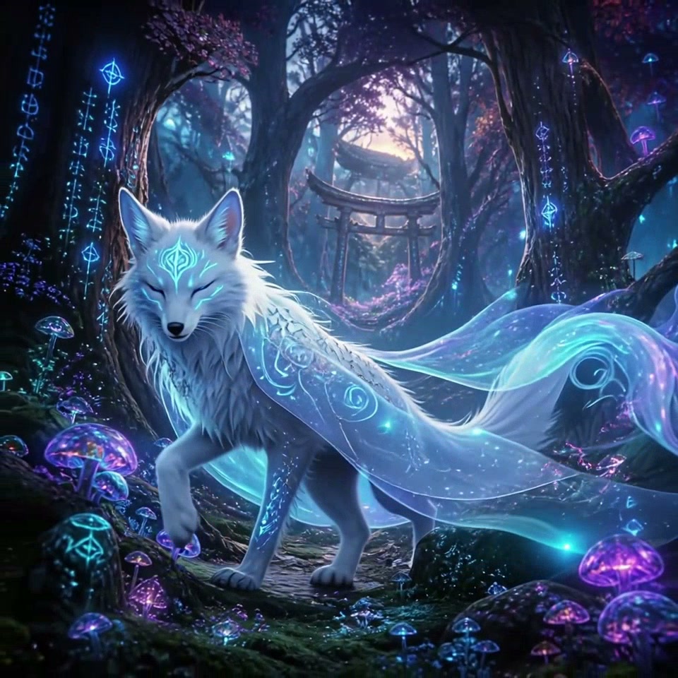 Glowing arcane white kitsune stands in a bioluminescent enchanted forest with distant torii gate ...